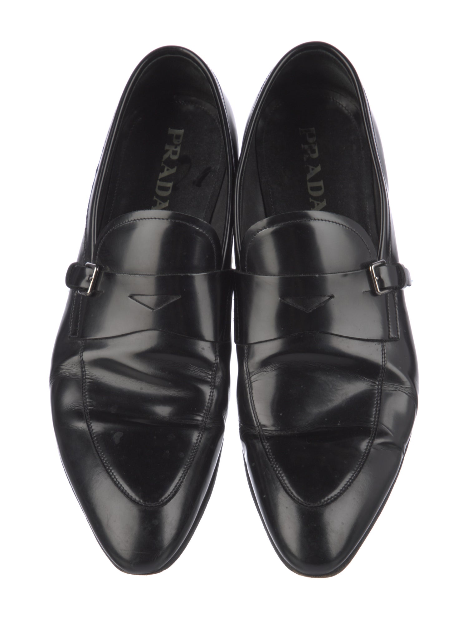 Prada Enameled Metal Triangle Leather Dress Loafers